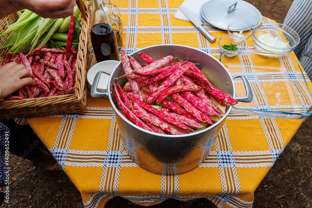 Cranberry bean prepared for cooking in Camacha mountainous town in municipality of Santa Cruz, Madeira Island, Portugal