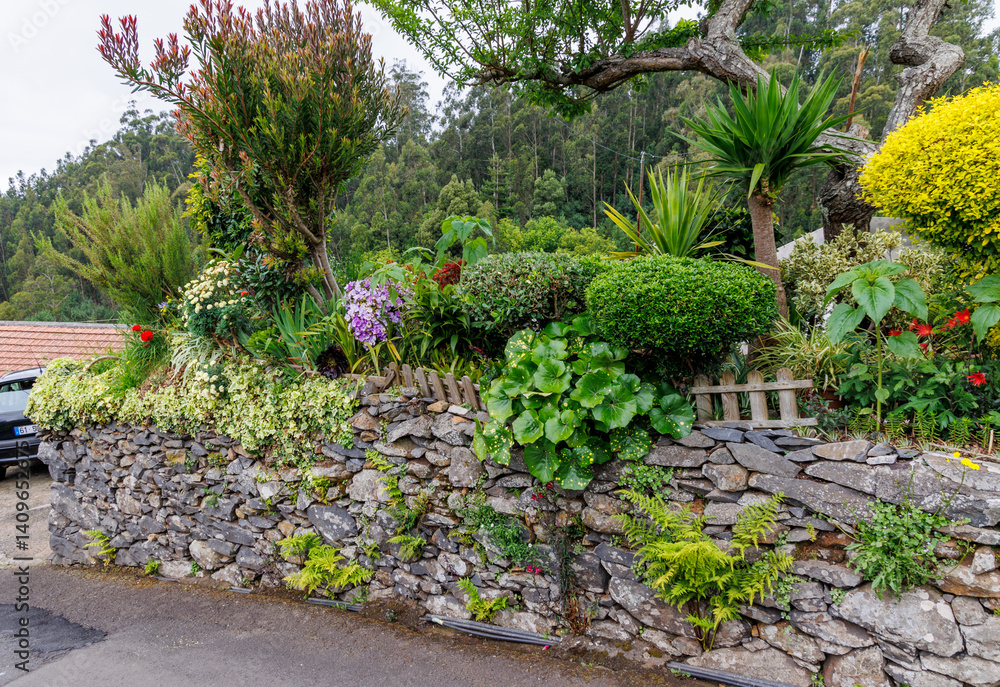 Garden in Camacha mountainous town in municipality of Santa Cruz, Madeira Island, Portugal