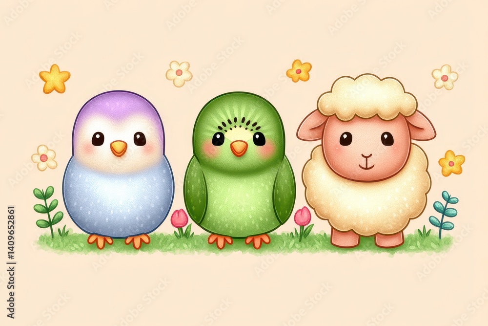 Obraz premium Adorable Pastel Penguin Parrot and Lamb in Flower Field