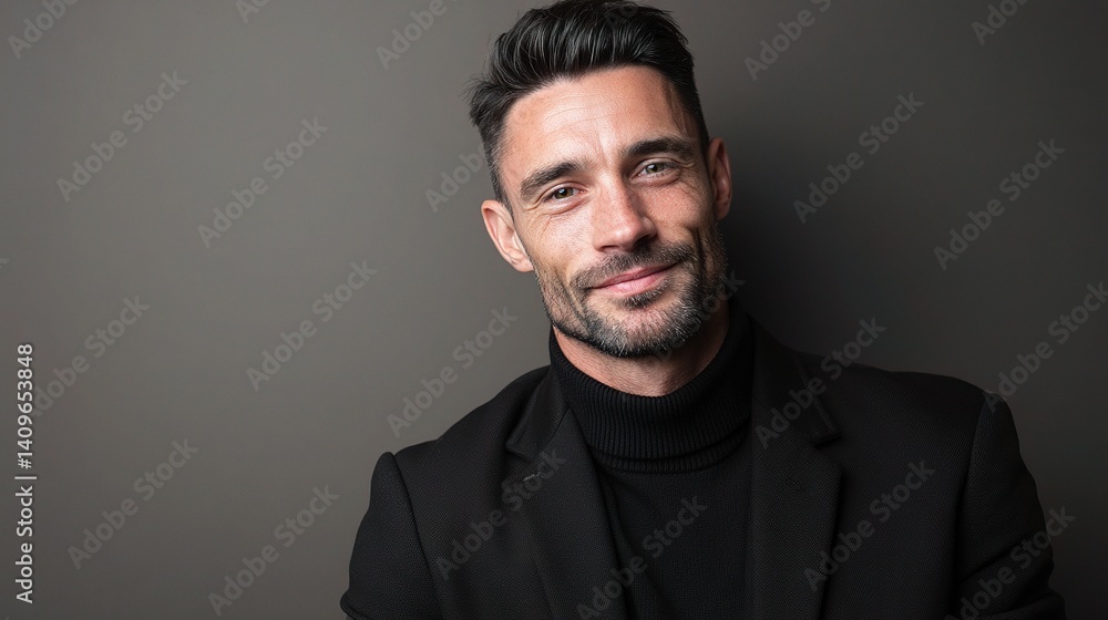 Handsome Businessman Studio Portrait in Black Turtleneck Against Gray Handsome Businessman Studio Portrait in Black Turtleneck Against Gray