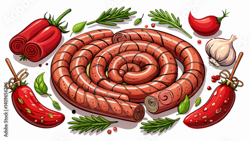
Realistic uncooked homemade sausages, coiled and lightly marbled, arranged on a clean white background. Surrounded by fresh aromatic herbs like rosemary, thyme, and parsley, with vibrant red hot chil