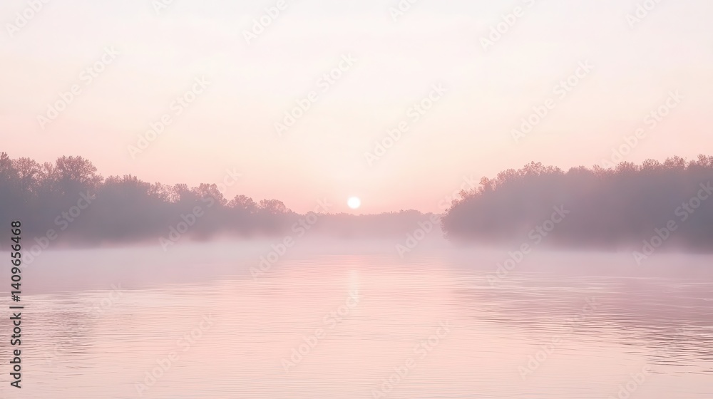 Misty pink sunrise over a tranquil river. Misty pink sunrise over a tranquil river.