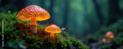 Glowing mushrooms illuminate mossy forest floor, dark, woods, purple