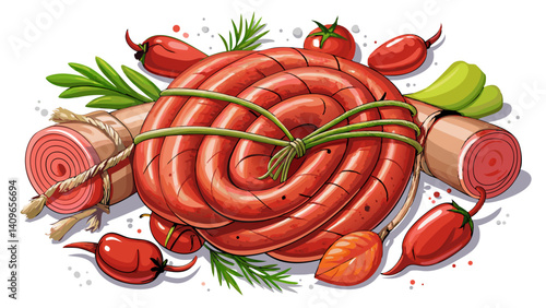 
Realistic uncooked homemade sausages, coiled and lightly marbled, arranged on a clean white background. Surrounded by fresh aromatic herbs like rosemary, thyme, and parsley, with vibrant red hot chil