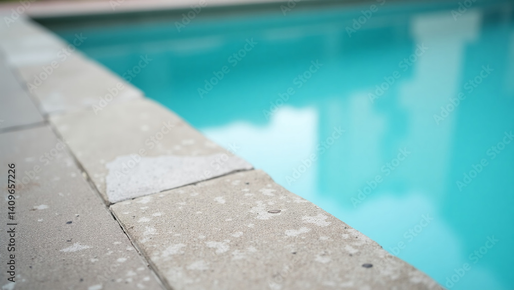 Obraz premium Concrete pool edging. Concrete pool edge with small water marks and rough texture. A close-up of the pool deck. 