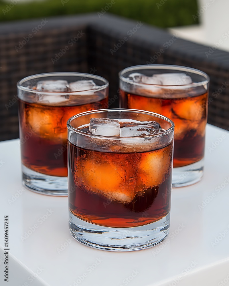 Three iced drinks on a white table outdoors Three iced drinks on a white table outdoors