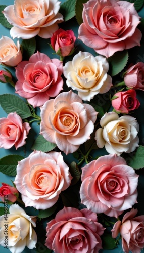 Rustic artificial flower wall, faded roses, soft hues , decoration, close-up, elegant