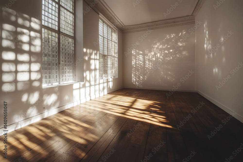 Obraz premium Sunlit room hardwood floor window shadows peaceful calm