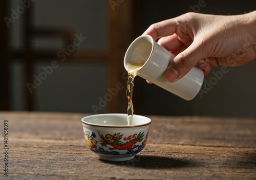Hand pouring tea from white porcelain pitcher into chinese decorated teacup on wooden table
