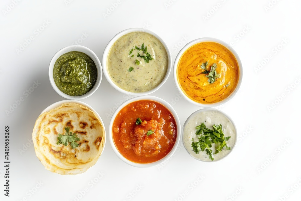 Mini dosa set, chutney, sambhar, isolated with white background Mini dosa set, chutney, sambhar, isolated with white background