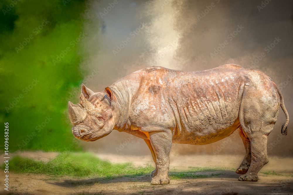 Fototapeta premium Rhinoceros Standing on Sandy Ground with Green Patches in Smoky Natural Background