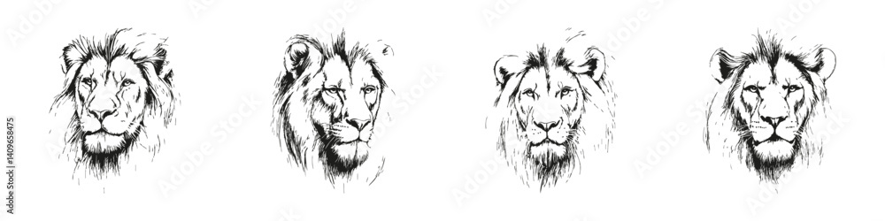 Obraz premium Lion Head Sketches Silhouette Set. Majestic Wildlife Art And Symbolism Isolated Vector Illustration Collection