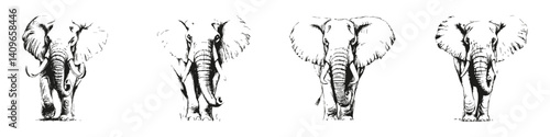 Elephant Head Sketches Silhouette Set. Wildlife Art, Nature Conservation, Majestic Animals Isolated Vector Illustration Collection