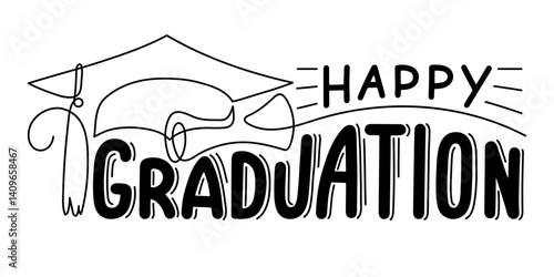 Happy graduation. Hand drawn letterinf with graduation cap.