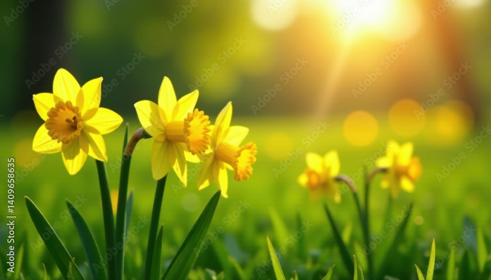 Obraz premium Sunlit daffodil blossoms in a lush, verdant pasture , sun, botany, bright