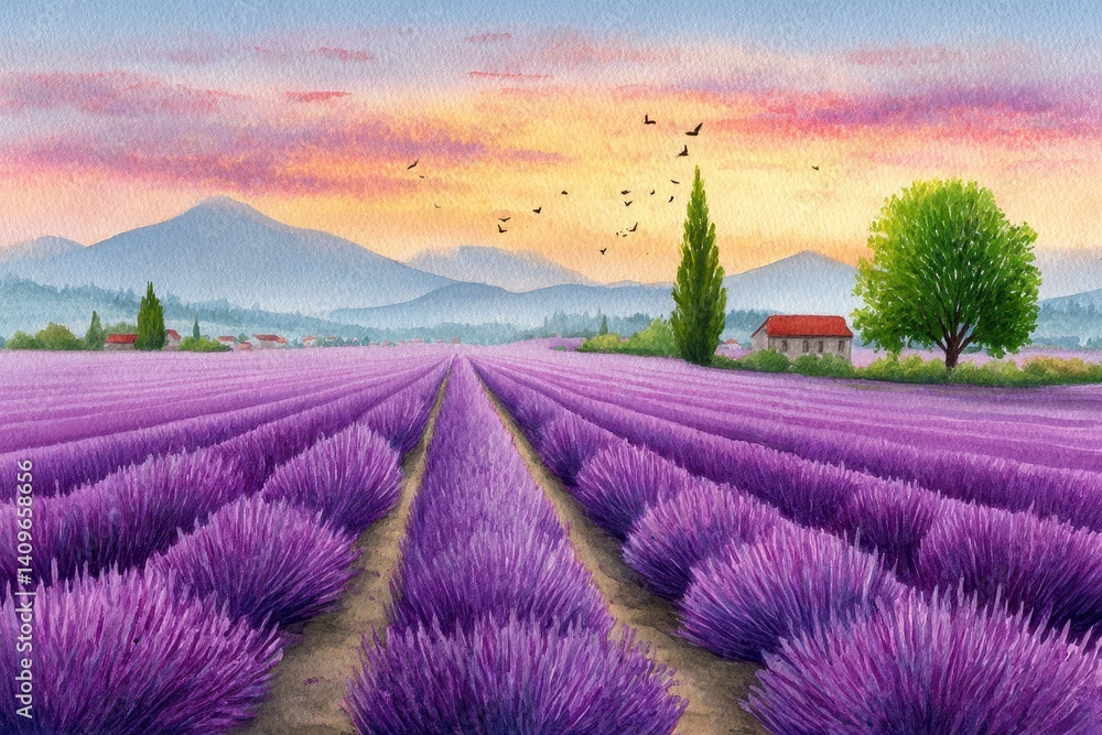 Obraz premium Purple Lavender Fields at Sunset with Mountains and Farmhouse