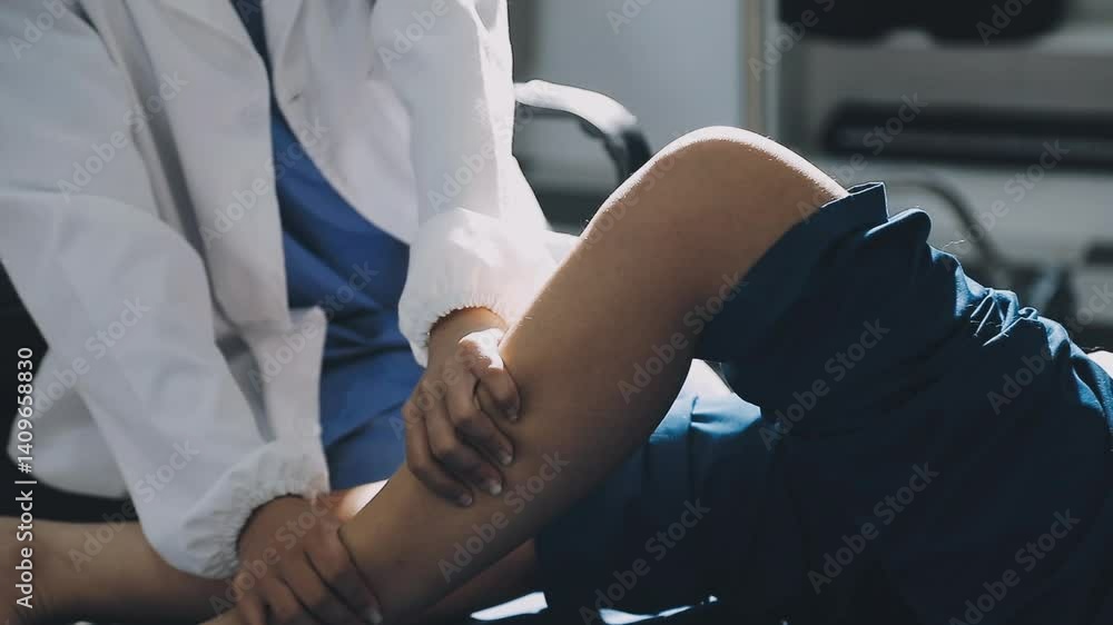 Male physical therapist doing healing treatment on mans knee in rehabilitation clinic. Professional physiotherapist or osteopath working in office. Physiotherapy and osteopathic medicine concept. Male physical therapist doing healing treatment on mans knee in rehabilitation clinic. Professional physiotherapist or osteopath working in office. Physiotherapy and osteopathic medicine concept.