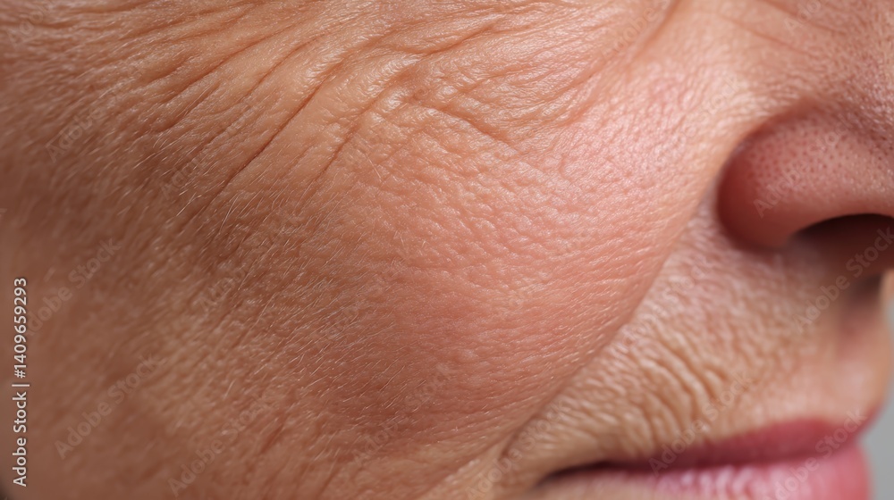 Obraz premium Crepey Skin concept. Close-up of elderly skin showing texture and wrinkles on the cheek.
