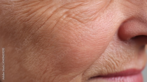 Crepey Skin concept. Close-up of elderly skin showing texture and wrinkles on the cheek.