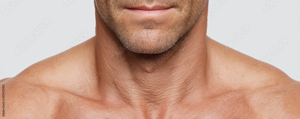 Obraz premium Crepey Skin concept. Muscular male torso with defined neck and facial hair, showcasing strength and fitness.