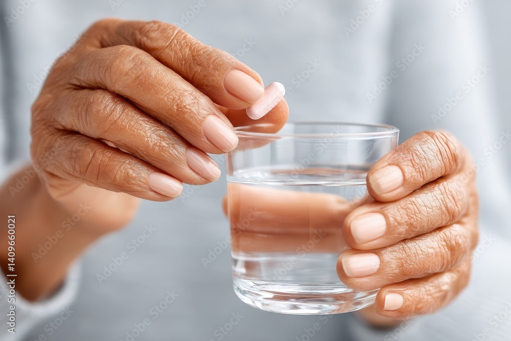 Elderly patient mobility aid assisted living concept. Close-Up of Hands Holding Glass with Water and Capsule in Natural Lighting Setting Elderly patient mobility aid assisted living concept. Close-Up of Hands Holding Glass with Water and Capsule in Natural Lighting Setting