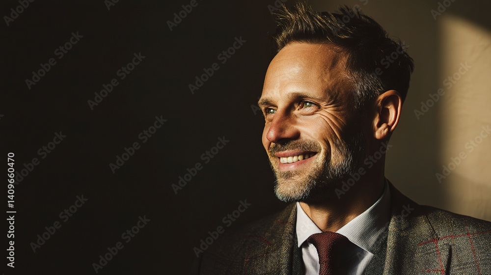 Fototapeta premium Smiling Businessman Portrait in Studio Lighting with Dramatic Shadowing