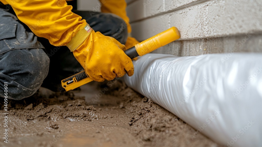 Air-tight vapor barrier being applied to crawl space wall with visible hands in gloves, caulking gun and sealing foam in frame Air-tight vapor barrier being applied to crawl space wall with visible hands in gloves, caulking gun and sealing foam in frame