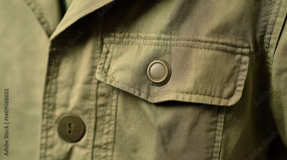 Close-up of a military-style jacket pocket. Close-up of a military-style jacket pocket.