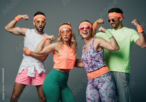 Obraz na płótnie Two men and two women wearing colorful 80s workout clothes are flexing their biceps and smiling w salonie