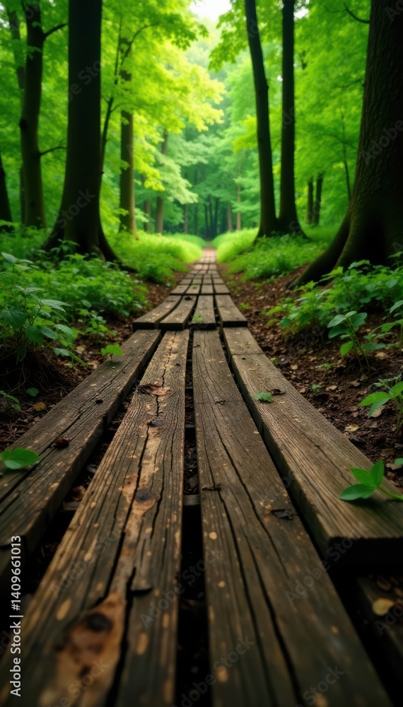 Obraz premium Weathered wooden planks scattered on a forest floor, forest floor, brown