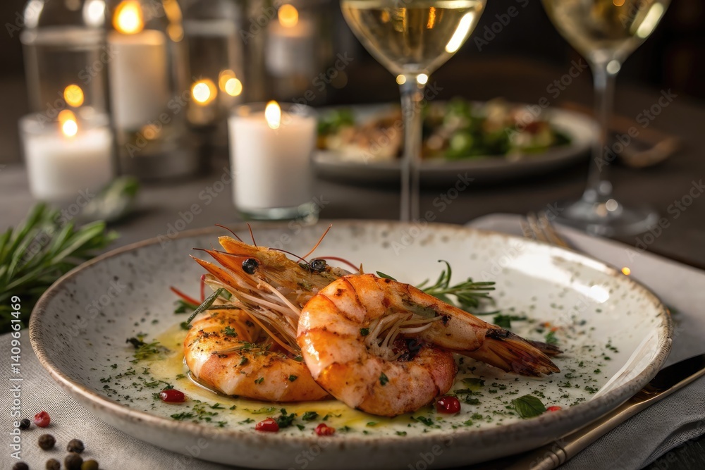 Delicious close up of grilled shrimp garnished with spices and fresh herbs on a dinner table Delicious close up of grilled shrimp garnished with spices and fresh herbs on a dinner table