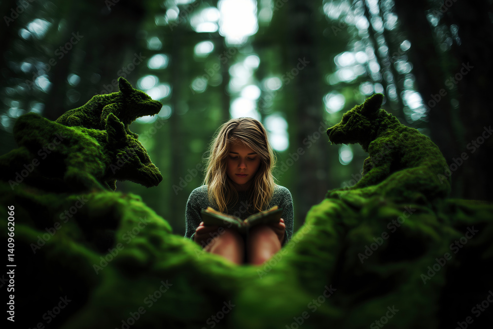 Enchanted Forest: A Girl Reading in a Mossy Grove with Mythical Wolf Sculptures - World Book Day Enchanted Forest: A Girl Reading in a Mossy Grove with Mythical Wolf Sculptures - World Book Day