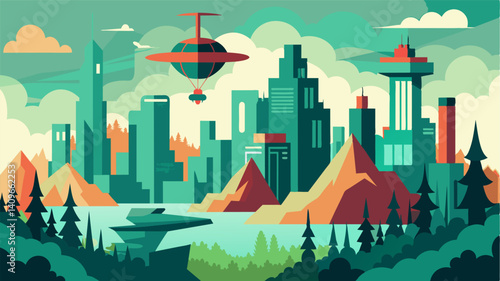A surreal blend of nature and urbanization with air taxis soaring above sprawling forests and towering buildings.. Vector illustration