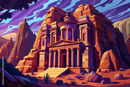 Ancient temple in Petra at sunset time, Jordan