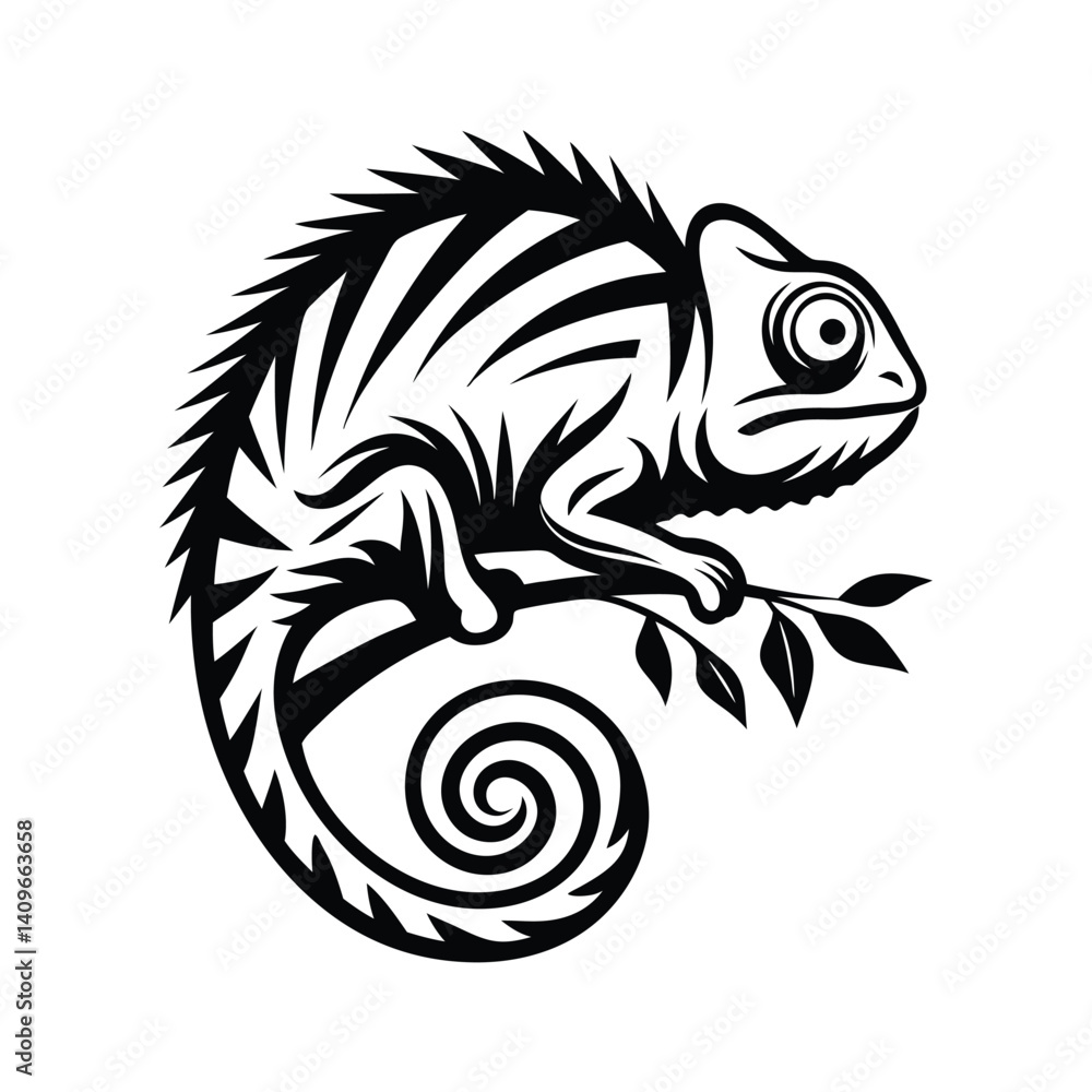 Obraz premium Silhouette Chameleon perched on branch, detailed skin texture, reptile black and white