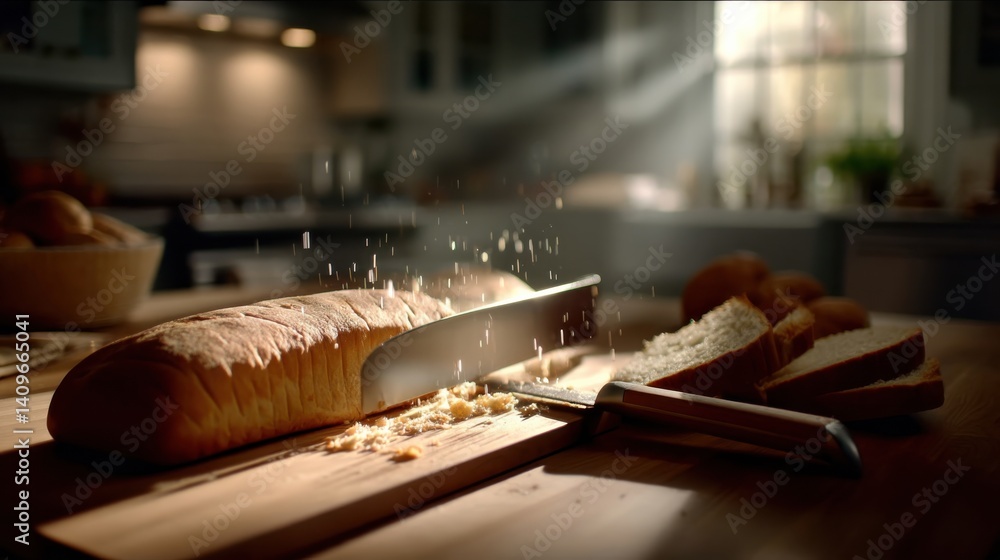 Bread Being Sliced on Cutting Board with Bread Knife Bread Being Sliced on Cutting Board with Bread Knife