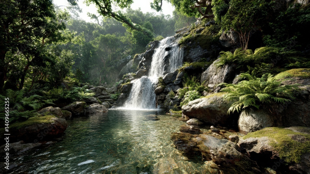 Naklejka premium Tranquil Cascade in Tropical Wilderness