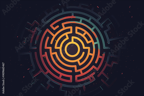 Complex circular maze with solution path highlighted - challenging puzzle concept in minimalist style representing problem-solving and life choices
