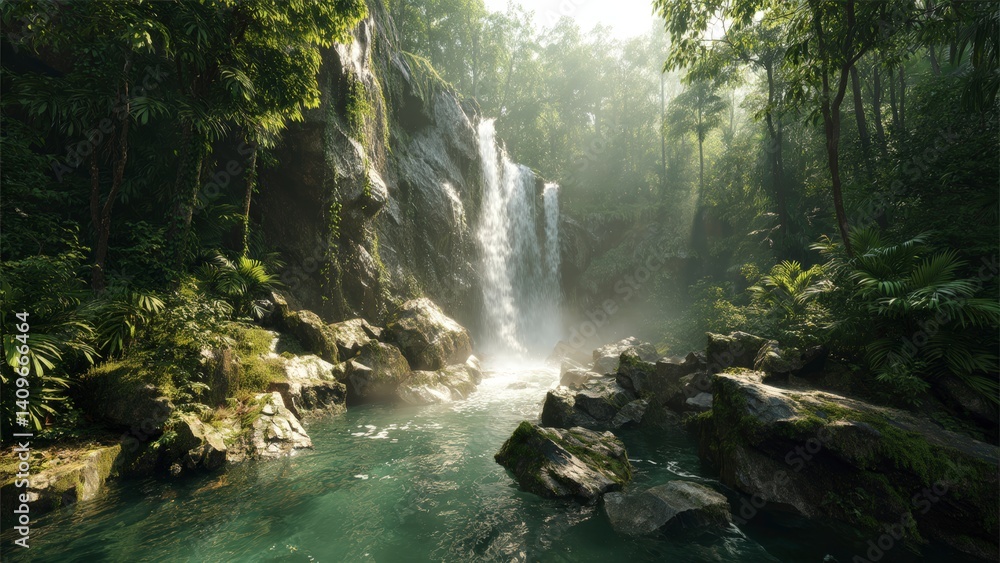 Obraz premium Waterfall Exploration in Rainforest