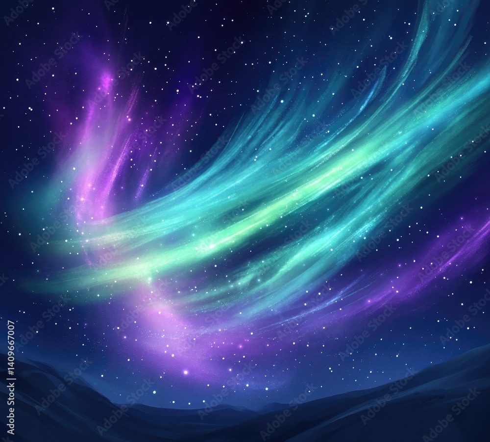 Obraz premium Purple and Green Aurora Borealis in Night Sky with Stars, Dark Blue Background. Ethereal Northern Lights Landscape, Magical Nature Scene, Dreamy Atmosphere