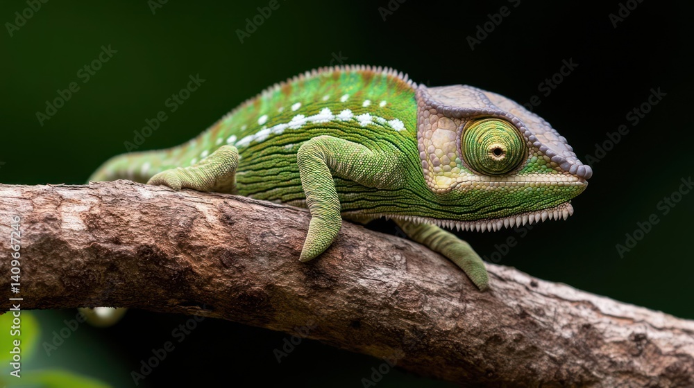 Close-up shot of a vibrant green chameleon perched on a branch. The chameleon features white spots and intricate patterns, set against a blurred dark green background, showcasing its natural Close-up shot of a vibrant green chameleon perched on a branch. The chameleon features white spots and intricate patterns, set against a blurred dark green background, showcasing its natural