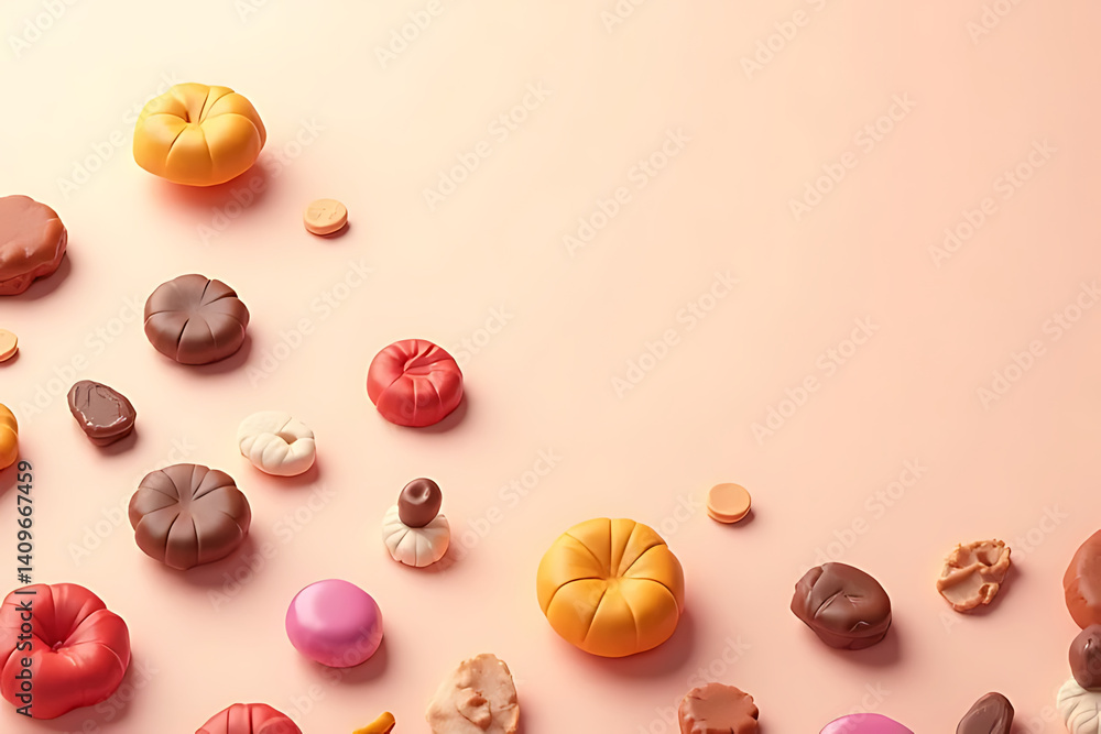 colorful and glossy toffee candies scattered elegantly on a soft pastel background colorful and glossy toffee candies scattered elegantly on a soft pastel background
