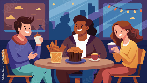 In a cozy dimlylit caf locals gather to indulge in the citys famous churros con chocolate laughing and chatting over the delectable treat.. Vector illustration
