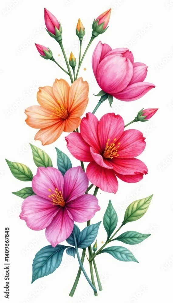Obraz premium Watercolor floral bouquet, vibrant hues, delicate petals, white background, painting, colorful