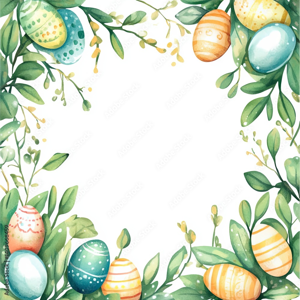 Cheerful Easter watercolor frame featuring bright, hand-painted style eggs surrounding a spacious blank area, perfect for event invitations, holiday promotions, or creative marketing designs.