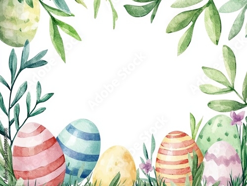 Cheerful Easter watercolor frame featuring bright, hand-painted style eggs surrounding a spacious blank area, perfect for event invitations, holiday promotions, or creative marketing designs.