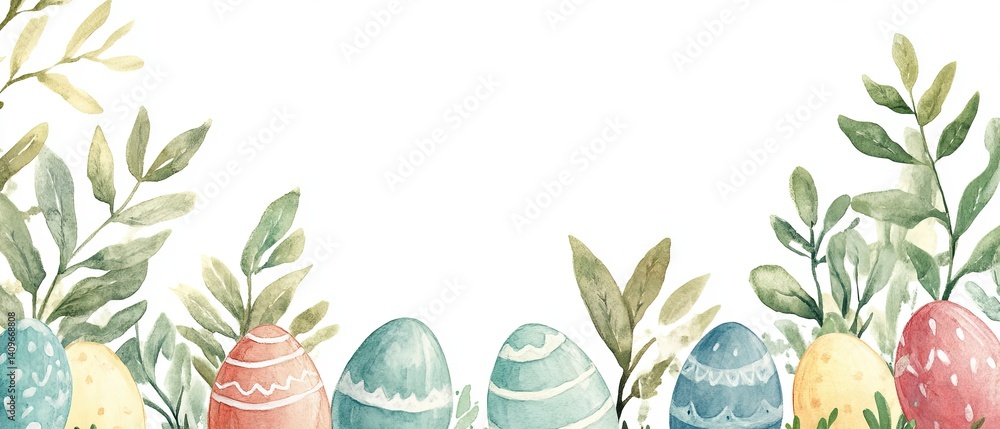 Cheerful Easter watercolor frame featuring bright, hand-painted style eggs surrounding a spacious blank area, perfect for event invitations, holiday promotions, or creative marketing designs.