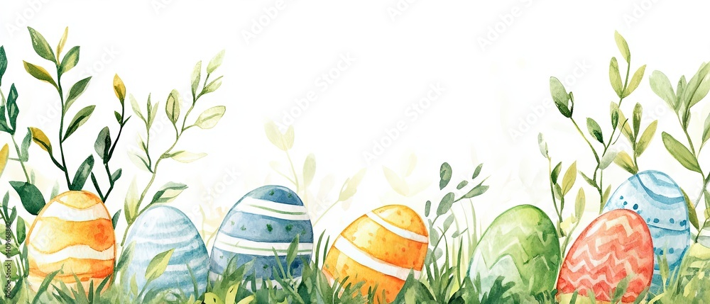Cheerful Easter watercolor frame featuring bright, hand-painted style eggs surrounding a spacious blank area, perfect for event invitations, holiday promotions, or creative marketing designs.