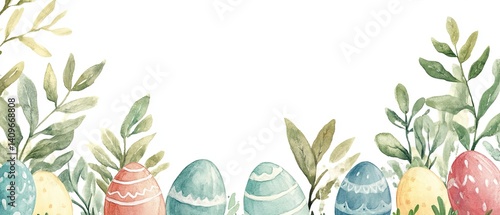 Obraz na płótnie Cheerful Easter watercolor frame featuring bright, hand-painted style eggs surrounding a spacious blank area, perfect for event invitations, holiday promotions, or creative marketing designs. w salonie