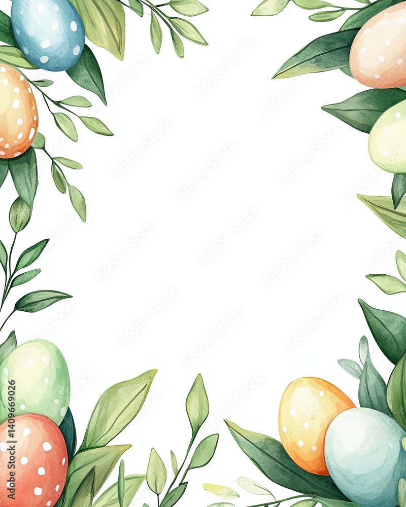 Cheerful Easter watercolor frame featuring bright, hand-painted style eggs surrounding a spacious blank area, perfect for event invitations, holiday promotions, or creative marketing designs.